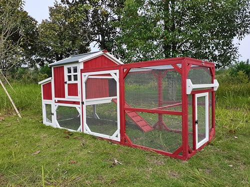 PetsCosset 95.3" Mobile Chicken Coop Tractor Hen House with Nesting Box,Backyard Chicken Coops Chicken House,2 Story Wooden Indoor Outdoor Poultry Cage for 3-5 Chicken with 6 Access,Pull-Out Tray(RED) - size: 95.3" L - Red