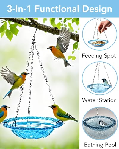 2 Pack Hanging Bird Baths and Feeders for Outdoors, Plastic Bird Bath Bowl & Hanging Feeder for Garden Yard Decor,Nature Blue - color: Nature Blue