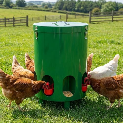 Green Chicken Feeder and Waterer Set-4 Gal/39.8 LB, Metal Chicken Feeders No Waste with 4 Cups, 4 Feeder Ports, Lid, Portable Gravity Chicken Feeder Automatic for Outdoors & Poultry