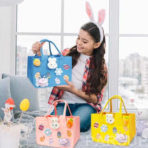 PARSUP 3PCS Easter Egg Hunt Bags Happy Easter Bunny Gift Bags with Handles, Easter Treat Bags, Felt Easter Bags for Gifts Wrapping, Egg Hunt Game, Easter Party Supplies, 12" x7.8" x6.8"