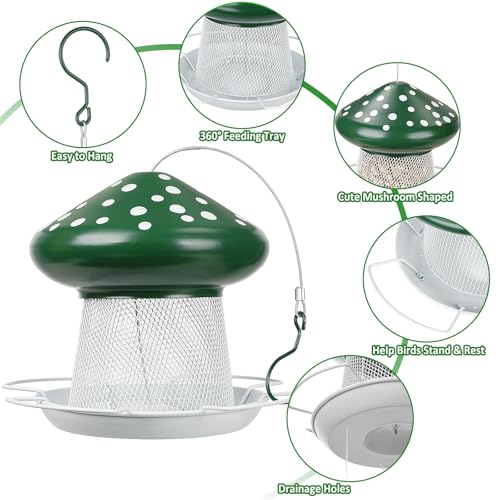 Bird Feeder, Heavy Duty Metal Bird Feeders for Outdoor Hanging | Wild Birdfeeder, 3LB Capacity, 4 Perches, Sturdy, Cute Mushroom Shape, For Outside Garden Yard - color: Green