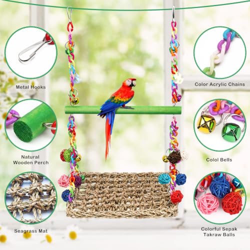 Bird Swing Mat with Wood Perch, AHIER Seagrass Bird Hammock for Conures with Chewing Toy for Parakeets, Budgie, Cockatiel Cage Accessories (Green Pole) - color: Green Pole
