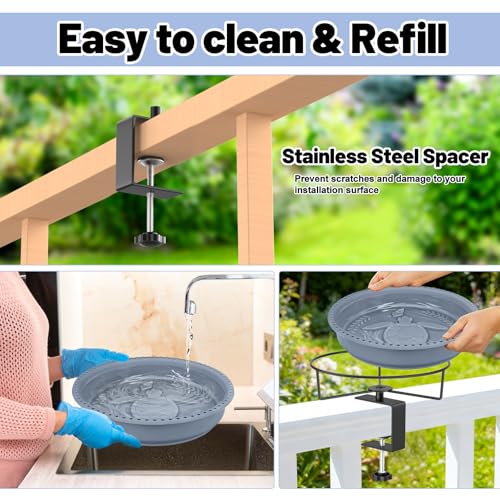Bird Baths for Outdoors, Rustproof Metal Clamp Birdbaths & Birdfeeder with Detachable Plastic Basin, Outdoor Bird Feeding & Watering Station for Wild Birds Garden Patio Balcony (Grey) - color: Gray