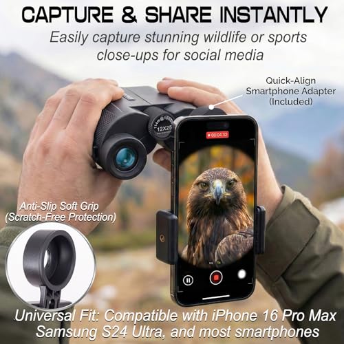 12x25 Compact Binoculars for Adults and Kids - Small Pocket Binoculars with 600D MOLLE Pouch - Phone Adapter and Wide Strap for Cruise Travel Hiking Bird Watching Concerts Outdoor Gift