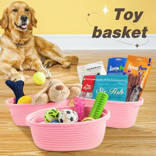 Pro Goleem Small Woven Basket with Gift Bags and Ribbons Durable Baskets for Gifts Empty Small Rope Basket for Storage 12"X 8" X 5" Baby Toy Basket with Handles, Pink - color: pink