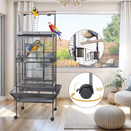 HSM 68 Inch Wrought Iron Large Bird Flight Cage with Rolling Stand | Bird Flight Cage Casters, Slide-out Tray for African Grey Parrot Parakeets Canaries Parrot Cockatiels Lovebirds Conures
