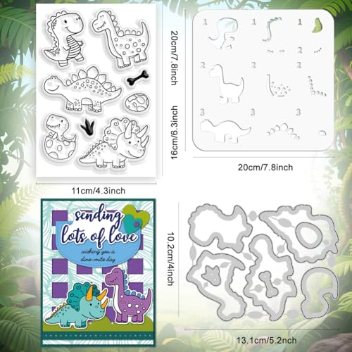 Layered Dinosaurs Clear Stamps and Die Set Reusable Wall Painting Template Dinosaur Egg Silicone Stamps Dinosaur Bones Cutting Die Cuts Stencil for Card Making DIY Craft Scrap-Booking - style: Layered Dinosaurs
