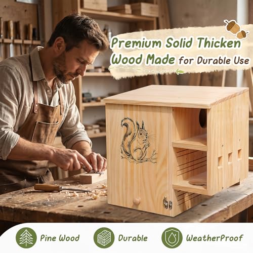 Extra Large Squirrel House for Outside, Wooden Squirrel Nesting Box | Solid Pine Den Box, Predator Guard & Easy-Clean Front Door, Enhanced Protection, Backyard Habitat Shelter for Outdoor Winter - size: Extra Large