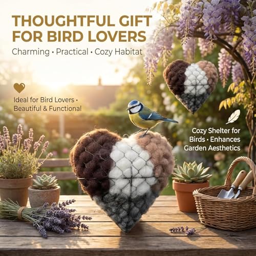 Handmade Alpaca Fiber Bird Nesting Heart, Birds Nests Material Holder, Winter Tree Shelter for Wild Bird, Hummingbird Houses Nest Boxes Gifts for Outside Garden Art Birdhouse, Birds Lovers