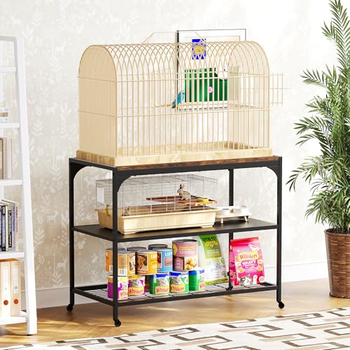 3-Tier Mobile Small Animal Cage Stand with Wood Tabletop, Lockable Caster Wheels, Storage Shelves for Small Animal Habitat for Hamster, Rabbit, Guinea Pig, Furniture Style Design