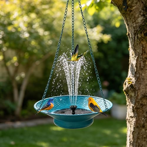 Metal 12.6" Hanging Bird Bath with Solar Fountain for Outside | Hanging Solar Bird Bath Hanging Birdbath Bubbler for Outdoors Backyard Patio Garden Decor, Blue - color: Blue