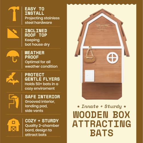 Bat Barn Junior - 2 Chamber, Brown Cedar, Up to 50 Bats | Compact cedar bat barn holds 50+ bats, barn-inspired with built-in vents and preassembled wall-mount kit. - style: 2 Chamber Big Bat Barn Brown Jr. (Up to 50 Bats)