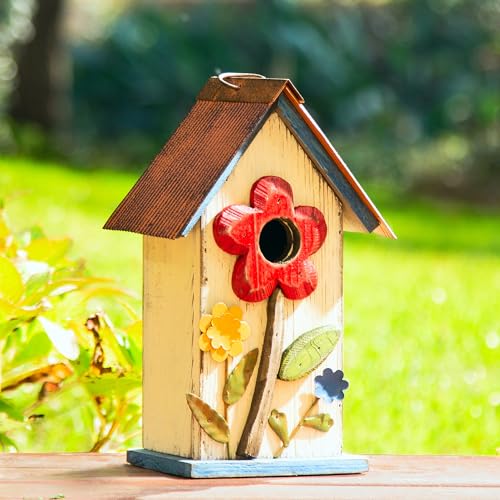 Glitzhome Hanging Bird House for Outdoor,10.2" H Patio Garden Decorative Birdhouse Pet Cottage Wooden Distressed Birdhouse with 3D Flowers for Bluebird,Hummingbird,Sparrow,Wren Finch, Washed White - color: 10.2"H Flower Washed White