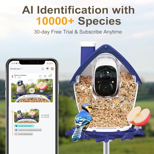 Smart Bird Feeder with Camera Solar Powered 2K HD Live Video with 32GB Card | AI Identifies 10,000+ Bird Species, Instant Alerts, IP65 Waterproof, Easy Setup, Bird Watching Gift for Bird Lovers - color: Blue