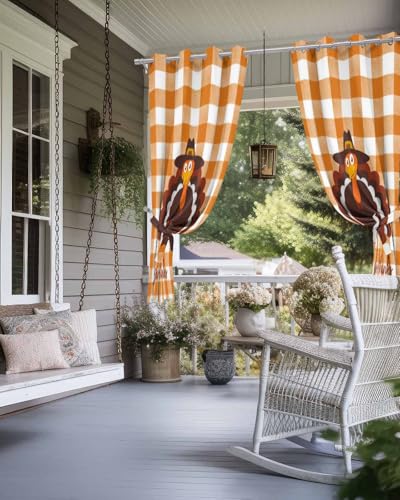Outdoor Curtains for Patio, Thanksgiving Turkey Waterproof Blackout Outside Curtain for Porch/Pergola/Gazebo, Fall Orange Farmhouse Plaid Thermal Insulated Drapes for Cabana, 2 Panels, 54 x 84 Inch - size: 54"W x 84"L (Pack of 2)