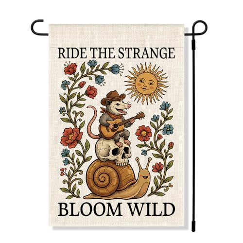 RZHV Ride The Strange Bloom Wild Double-Sided Garden Flag for Outdoor House Yard Sign Garden Decor Parade, Funny Opossum Snail Flowers Home Outdoor Banner Decoration, Motivational Lawn Patio Yard Sign - color: Bloom Wild