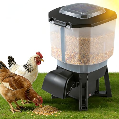 12L Automatic Chicken Feeder with Timer, Solar & AC Powered | Build in 6 Programmable Feeding Times, with Adjustable Feeding Distance for Chickens Poultry Sealed & Proof Design