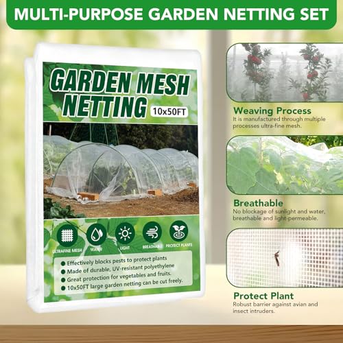 Garden Netting Kit for Raised Beds, 10x50FT Ultra Fine Mesh Netting ＆6 Sets Fiberglass Garden Hoops, Insect Netting for Garden Plant Row Cover Vegetable Flowers Protection Barrier - size: 10x50FT