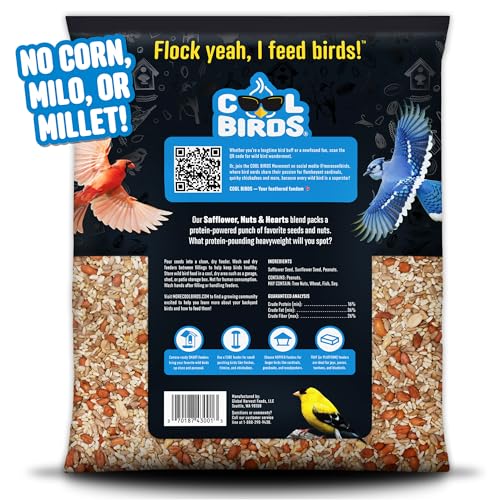 Cool Birds Safflower, Nuts & Hearts Wild Bird Seed, 10 lb | Gourmet Bird Food with Safflower, Sunflower Hearts & Peanuts. No Corn, Milo or Millet, No Waste Bird Food for Outside Feeders