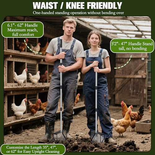 Paulno Chicken Coop Rake and Scoop 2-in-1 Chicken Poop Scooper | 62" Adjustable, Stainless Steel Sifting Shovel, For Sand, Animal Waste, Heavy Duty Dog Pooper Scooper, For Coops & Pets