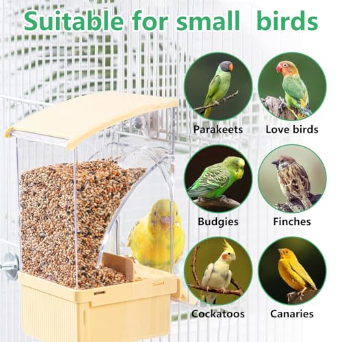 Hamiledyi Automatic Bird Feeder No Mess Bird Cage Feeder Transparent Acrylic Parrot Seed Food Container with Perch Cage Accessories for Parakeet Finch Lovebirds Budgies Canary (Yellow) - color: Yellow Transparent