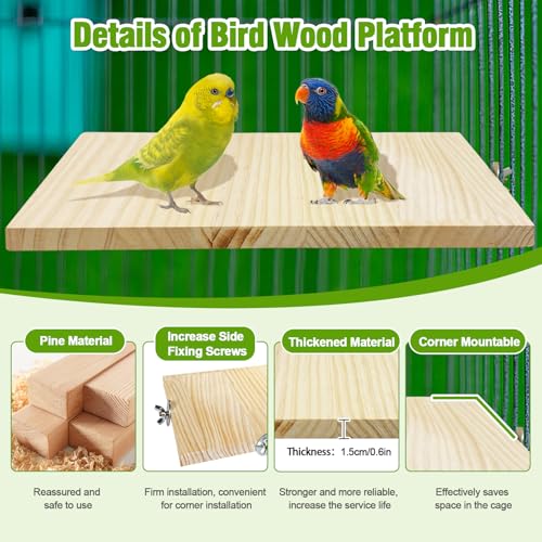 2PCS 13.8x7.9 inches Large Bird Perch Stand Wooden Parakeet Stand Platform Parrot Cage Accessories Rectangle Corner Stand Perch Shelf for Budgie Cockatiel Conure Macaw African Grey Chinchilla