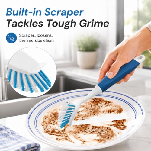 2-Pack Dish Brushes with Scraper, Durable Nylon Bristles Kitchen Scrub Brush, Dish Scrubber with Handle for Pans, Sink, Bathroom | Durable Bristles, Kitchen Scrub Brush, Dish Scrubber with Handle for Pans, Sink, Glasses