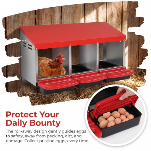 Chicken Nesting Box, Roll Out Metal Chicken Nest Box with Egg Tray, 3 Compartment Hen Nesting Box for Laying Hens, Easy Egg Collection, Red - color: Red-6, size: 3 Holes