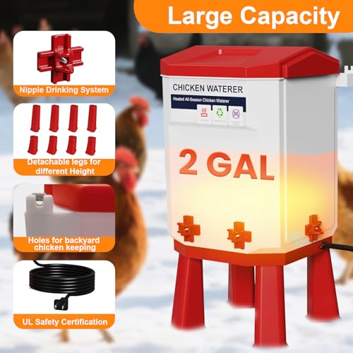 Heated Chicken Waterer 1.9 Gal, Winter, Freeze Proof Chicken Waterer, 4 Nipples for Clean Water，Detachable Legs, Adjustable Height for Chickens, Pigeons, Beaked Poultry
