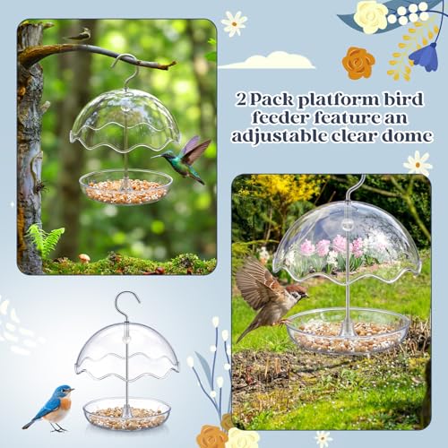 2 Pcs Dome Platform Bird Feeder Adjustable Small Bird Feeders for Outdoor Hanging 360° Clear Bluebird Feeder for Mealworms with Weatherproof Dome Can Be Filled with Seed (Wavy Edge)