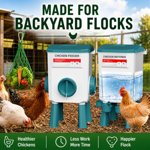 Chicken Feeder and Waterer Set, Automatic No Waste Poultry Feeding System, 17 lb Feeder & 7L Waterer, 4-in-1 Chicken Coop Kit with Vegetable Holder for Chickens, Ducks & Quail