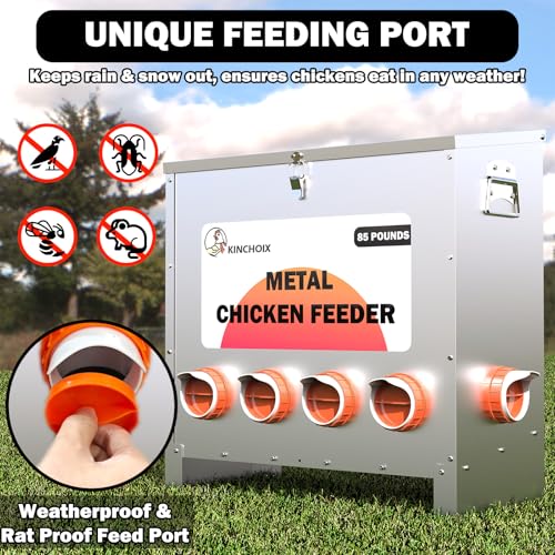 Metal Chicken Feeder Large Capacity 85lbs Automatic Metal Rat Proof Chicken Feeders No Waster Weatherproof Poultry Feeder for Chickens, Geese, Ducks, Turkeys, Quails (6-Port) - style: 85lb Feeder with 6 Ports