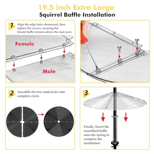 iBorn Spring Squirrel Baffle for Bird Feeder Pole, 19.6” Oversized Spring Squirrel Guard Defender, Bird Feeder for Outdoors Protector, Metal Spring & Buckle, Polycarbonate(PC) Baffle, Pack of 1,Clear