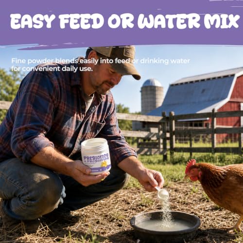 Chicken Probiotics Powder for Chickens, Ducks & Poultry, Digestive Support | Prebiotic & Probiotic Supplement for Digestive Health, Gut Balance, Feed Utilization & Daily Flock Wellness, 60 g