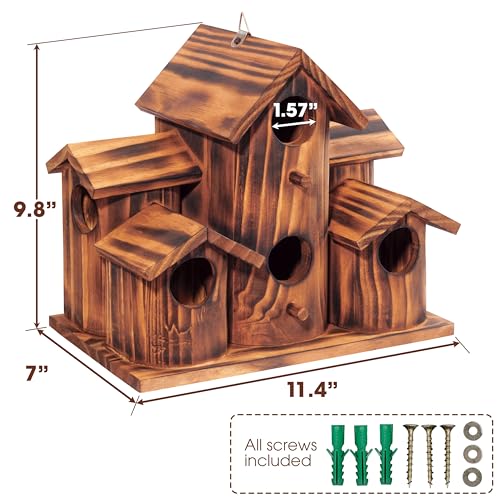 MIXUMON Wooden Bird Houses for Outside – 6 Rooms Multi-Chamber Bird House, Carbonized Pine Rustic Finish, 1.57" Entrance Holes, Cleaning Doors for Each Room, Decorative Outdoor Bird Nesting Box