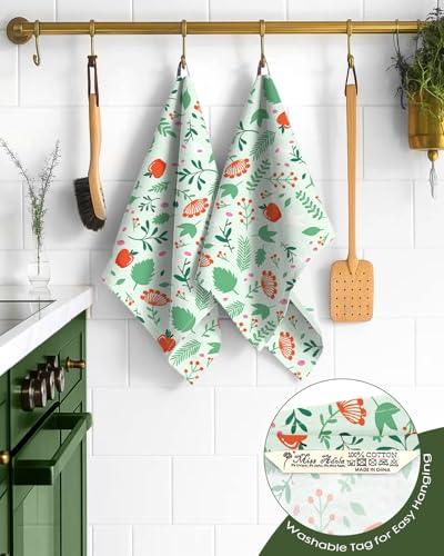 150GSM Flour Sack Kitchen Towels Set of 2, Green Leaf Fruit | 18"x26", Lightweight, Lint-Free, Pure Cotton, Decorative, with Hanging Loop, Absorbent, Softer after Wash, Giftable Package - color: Green Leaf Fruit