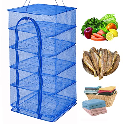 Drying Rack 6 Layers Folding Fish Mesh, Foldable Nylon Netting, Hanging Drying Fish Net, for Shrimp Fish Fruit Vegetables Herb, with Zipper Opening-Blue (37.4X19.6X19.6 in)… - size: 6 Layers