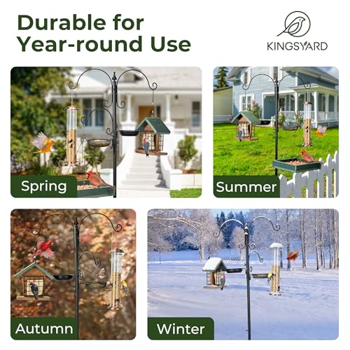 Kingsyard Bird Feeder Pole for Outdoors, 5-Prong Bird Feeding Station | 85-inch bird feeder pole with 3 adjustable hooks, seed tray and water bowl; tool-free setup with rust-resistant metal