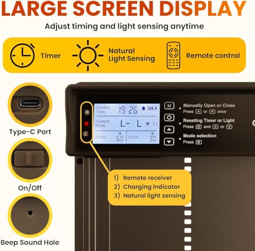 Okkobi Automatic Chicken Coop Door Solar Powered - LCD Display - Light Sensor & Timer - Security & Peace of Mind: Anti-Pinch Function - 5-Year Protection - Dark Brown | Anti-Pinch for Safety, Resistant to -15 to 140°C, Compatible with Ducks and Geese - Da