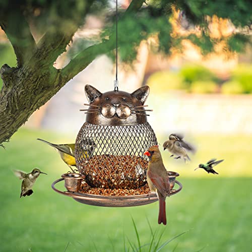 Bird Feeders for Outdoors Hanging, Heavy Duty Cute Cat Bird Feeder | Metal Wild Bird Feeder Equipped with Water Feeding Cups, Finch Sparrow Birdfeeder for Garden Yard Lawn Decor