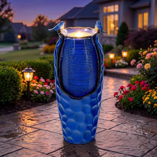 Autodaya 33" Vase Ceramic Outdoor Water Fountain with Lights and Birds | cobalt blue glazed water feature with textured design, ambient soothing cascading water flow for garden patio yard sanctuary - color: 33"h-hammered Cobalt Blue