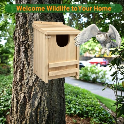 Pine Owl House,14×9×9 Inch Weather‑Resistant Outdoor Nesting Owl Box | Outdoor natural pine owl box with wood shavings, quick assembly. Weather‑resistant shelter, ideal gift for wildlife lovers.