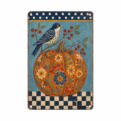 Folk Art Blue Bird Floral Pumpkin Tin Sign Vintage Fall Farmhouse Wall Decor for Kitchen Dining Room Living Room Porch Entryway and Home Decor 12 * 8In - color: Vintage Thanksgiving Tin Sign 17, size: 20X30cm(12*8in)