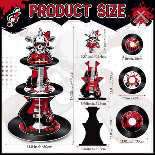 3 Tier Rock and Roll Music Party Decoration Cupcake Stand Music Guitar Cupcake Tower Rock and Roll Cake Holder Retro 1950's Dessert Tower for 50s Retro Hip Hop Birthday Party Supplies - style: Rock