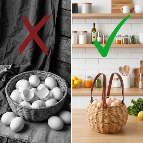 Farmhouse Egg Basket,Large Egg Collecting Basket with Handle,Round Wicker Egg Basket for Gathering and Carrying Fresh Eggs, Egg Holder for Kitchen Countertop,Picnic,Garden