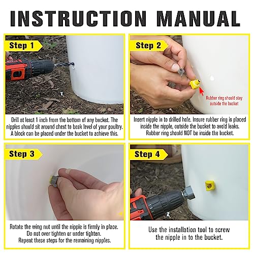Chicken Waterer Nipples, Horizontal Side Mount, Anti-Leak Automatic Water System for Poultry, Suitable for Chickens, Duck, Quail, Pack of 20, Includes Drill Bit & Installation Tool