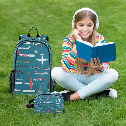 Airplane Plane and Aircraft Backpack with Lunch Bag, School Travel Backpack for Teens Boys Girls Kids Backpacks Set - color: Navy Blue