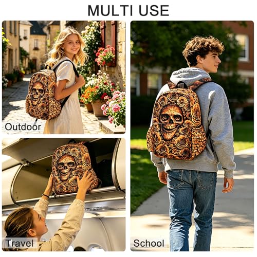 Gold Skull Kids Backpack School Backpack Teens Bookbag for Girls Boys Hiking Camping Travel Sports - color: Gold Skull