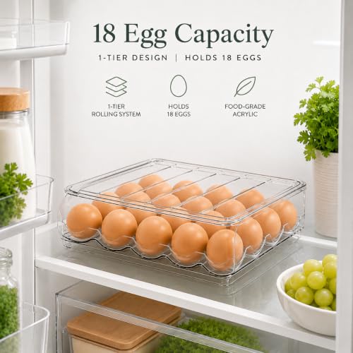 18 Egg Storage For Refrigerator, Egg Dispenser For Refrigerator, Automatic Rolling Egg Holder For Fridge, BPA-Free Clear Egg Tray. - size: 1 Layer Holder 18 Eggs