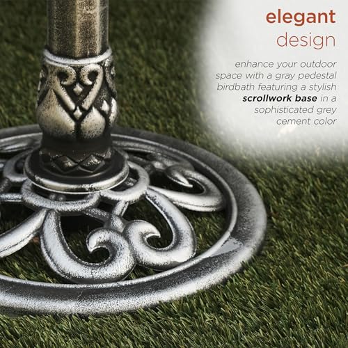 Alpine Corporation TEC116GR Outdoor Pedestal Birdbath w/Scrollwork Base and Stakes, Elegant Birdbath for Garden, 28" H, Gray - color: Gray